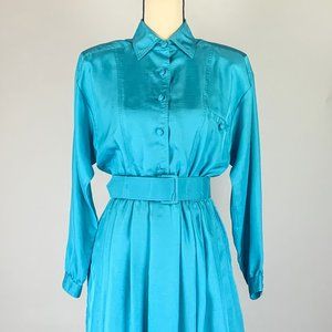VTG 80s Bright Blue Long Sleeve Dress Leslie Fay